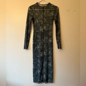 Mesh Green Long Sleeve Lettuce Trim Dress, Size Small Women’s